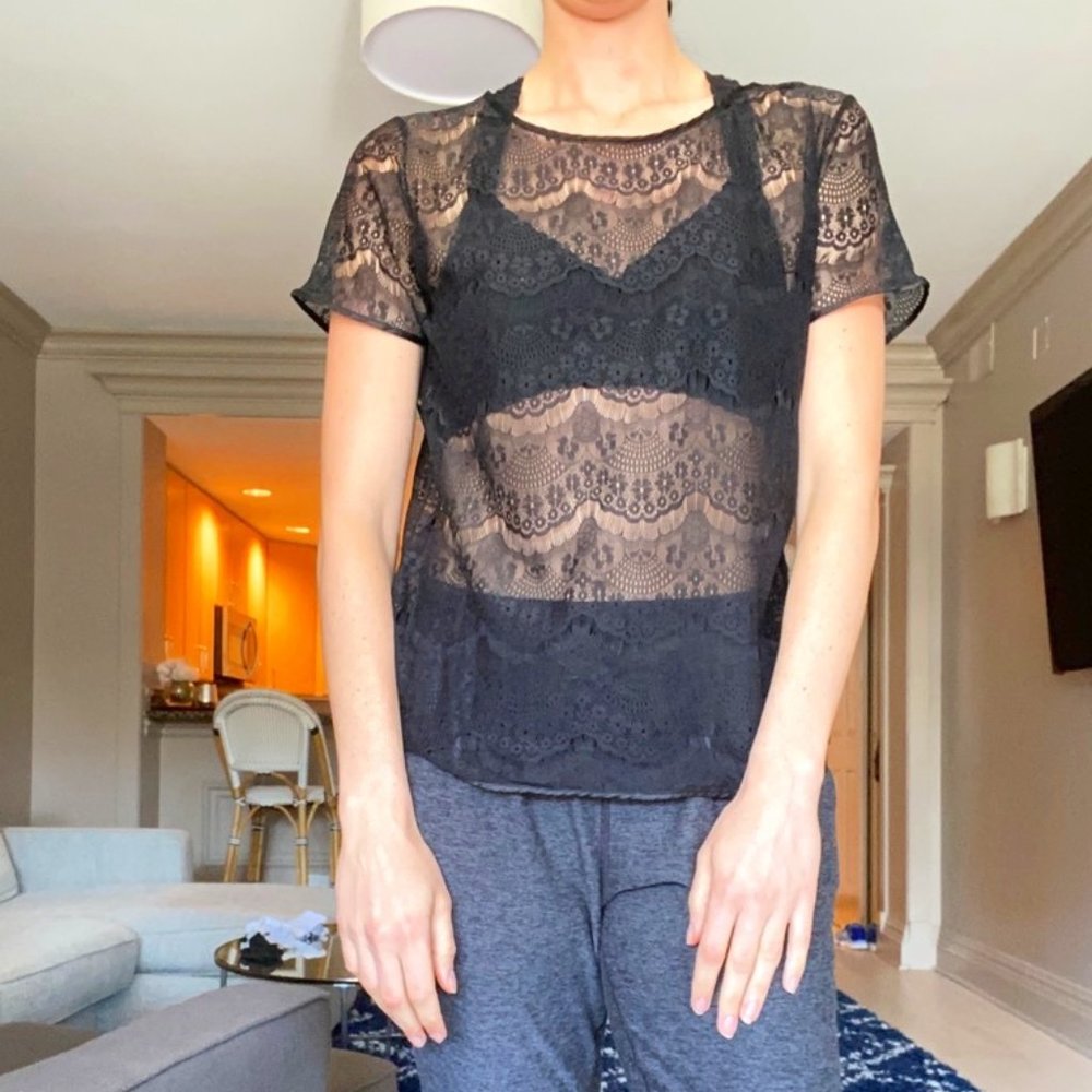 American Apparel Black Lace T-Shirt Size Small - Picture 2 of 5